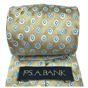 JOS A BANK Tie Grayish Beige Blue Yellow Floral 100% Silk Hand-sewn Necktie 59"